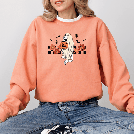 Checkered Ghost Dog Halloween Crewneck Sweatshirt