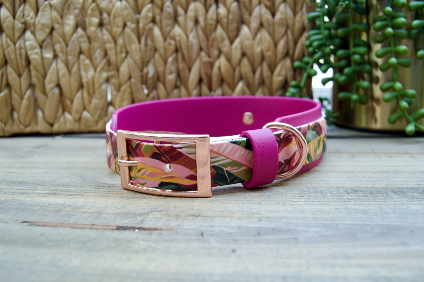 Pink Leaves: Printed Double Layer Biothane Dog Collar