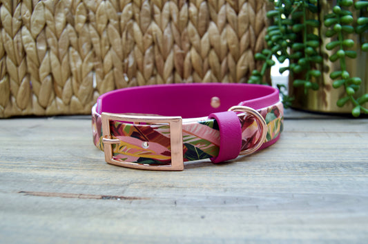 Pink Leaves: Printed Double Layer Biothane Dog Collar