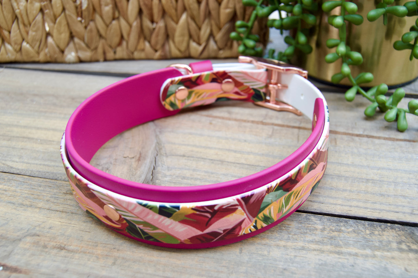Pink Leaves: Printed Double Layer Biothane Dog Collar