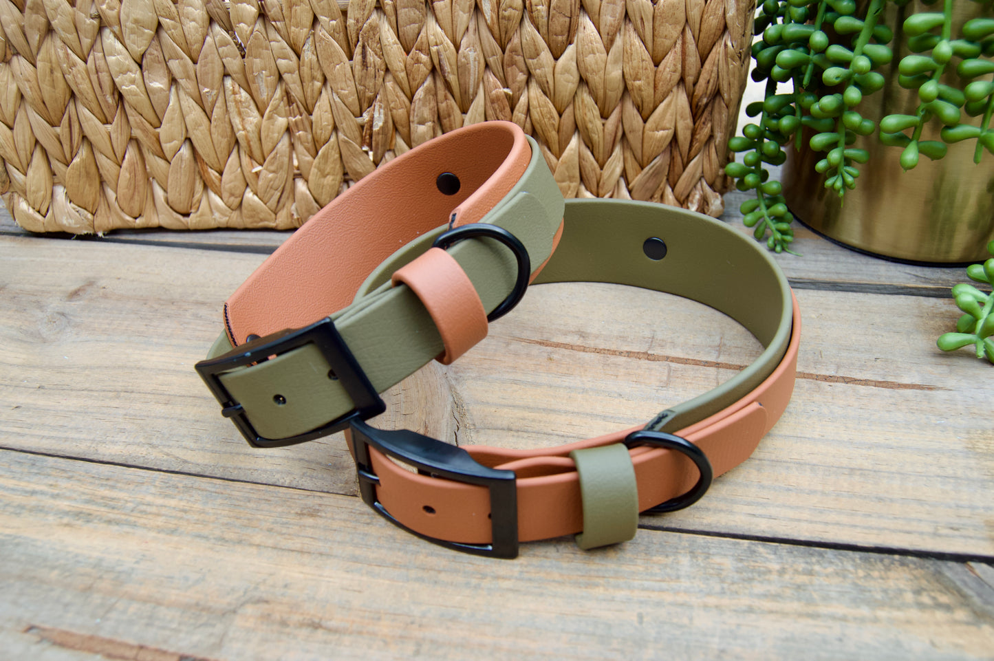 Olive Green and Caramel Double Layer Biothane Dog Collar