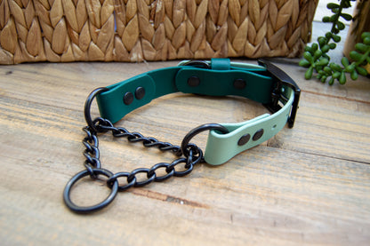 RTS: 13-16 Inches Sage and Emerald Green Chain Martingale Biothane Dog Collar