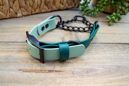 RTS: 13-16 Inches Sage and Emerald Green Chain Martingale Biothane Dog Collar