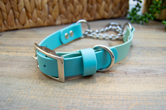 RTS: 15.5-18.5 Inches Sage and Dusty Turquoise Chain Martingale Biothane Dog Collar