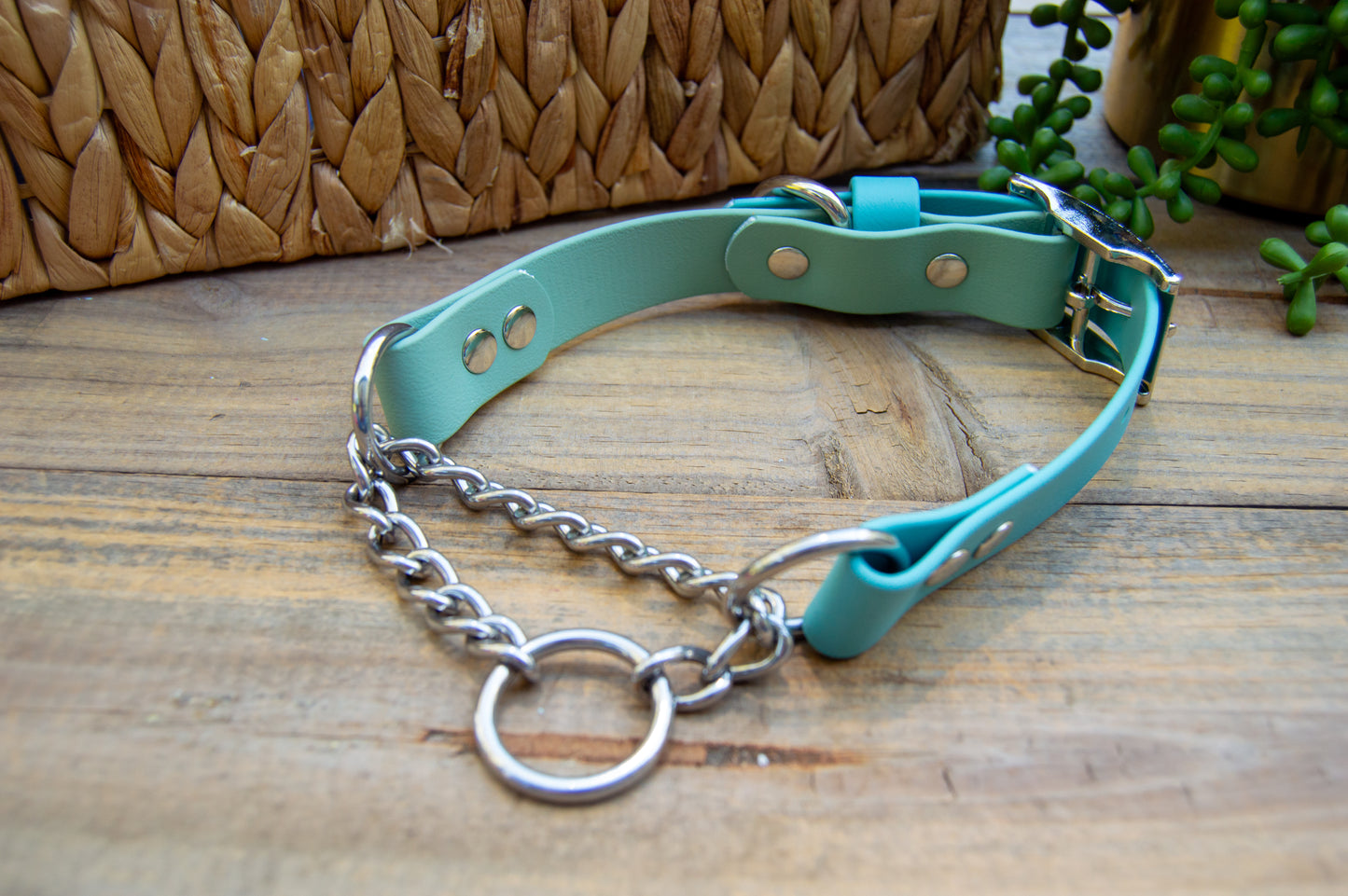 RTS: 15.5-18.5 Inches Sage and Dusty Turquoise Chain Martingale Biothane Dog Collar