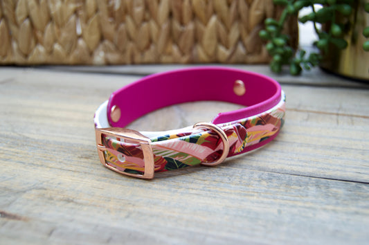 Pink Leaves: Mini Printed Double Layer Biothane Dog Collar