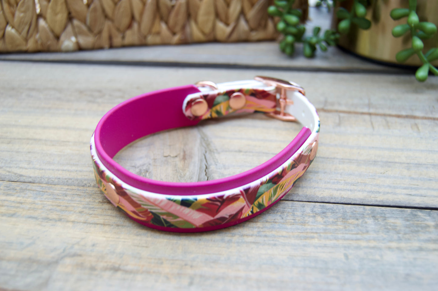 Pink Leaves: Mini Printed Double Layer Biothane Dog Collar