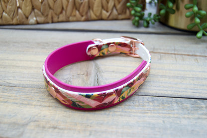 Pink Leaves: Mini Printed Double Layer Biothane Dog Collar