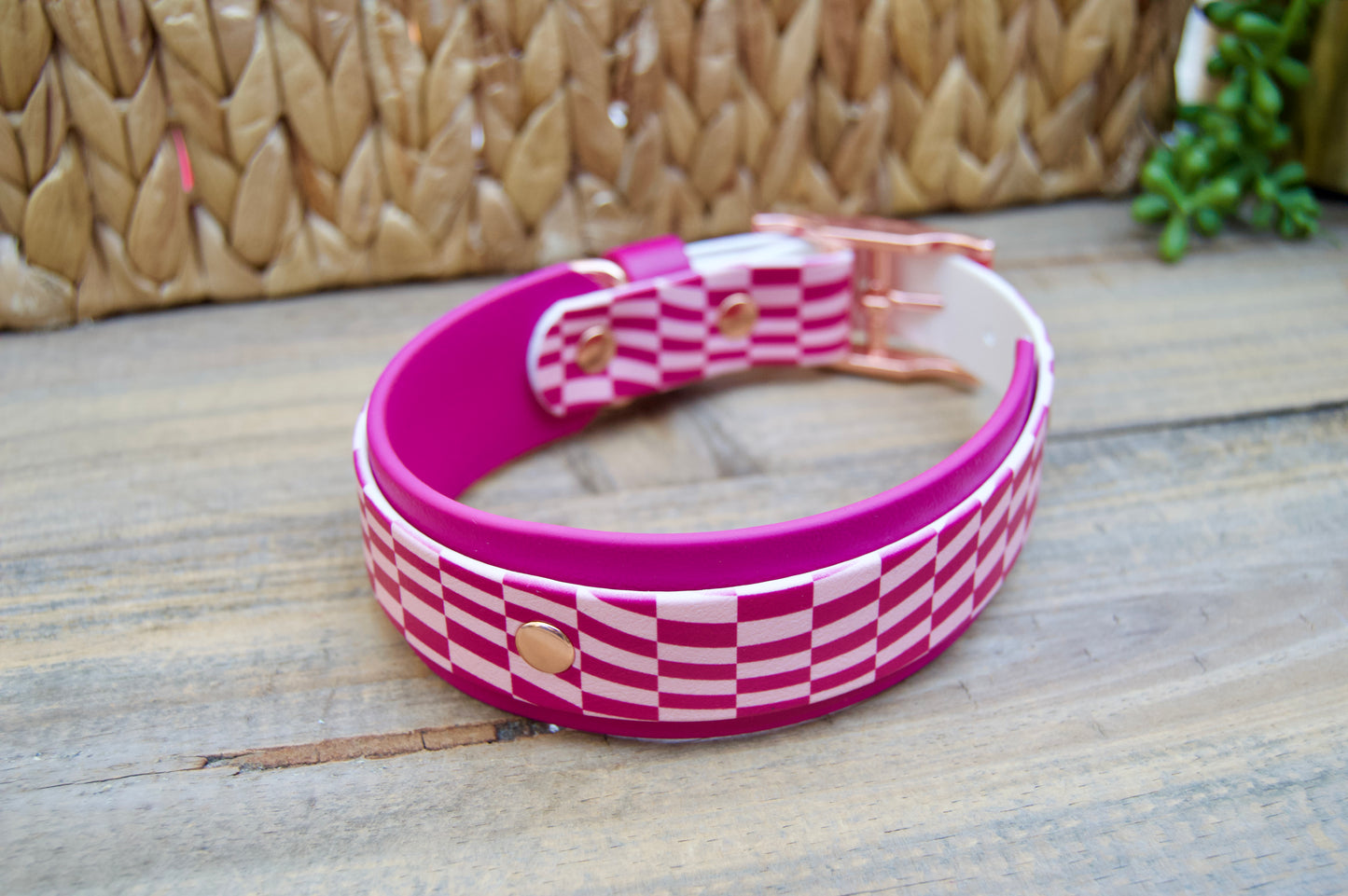 Closeout: Magenta and Pastel Pink Wavy Checker Printed Double Layer Biothane Dog Collar