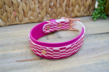 Closeout: Magenta and Pastel Pink Wavy Checker Printed Double Layer Biothane Dog Collar