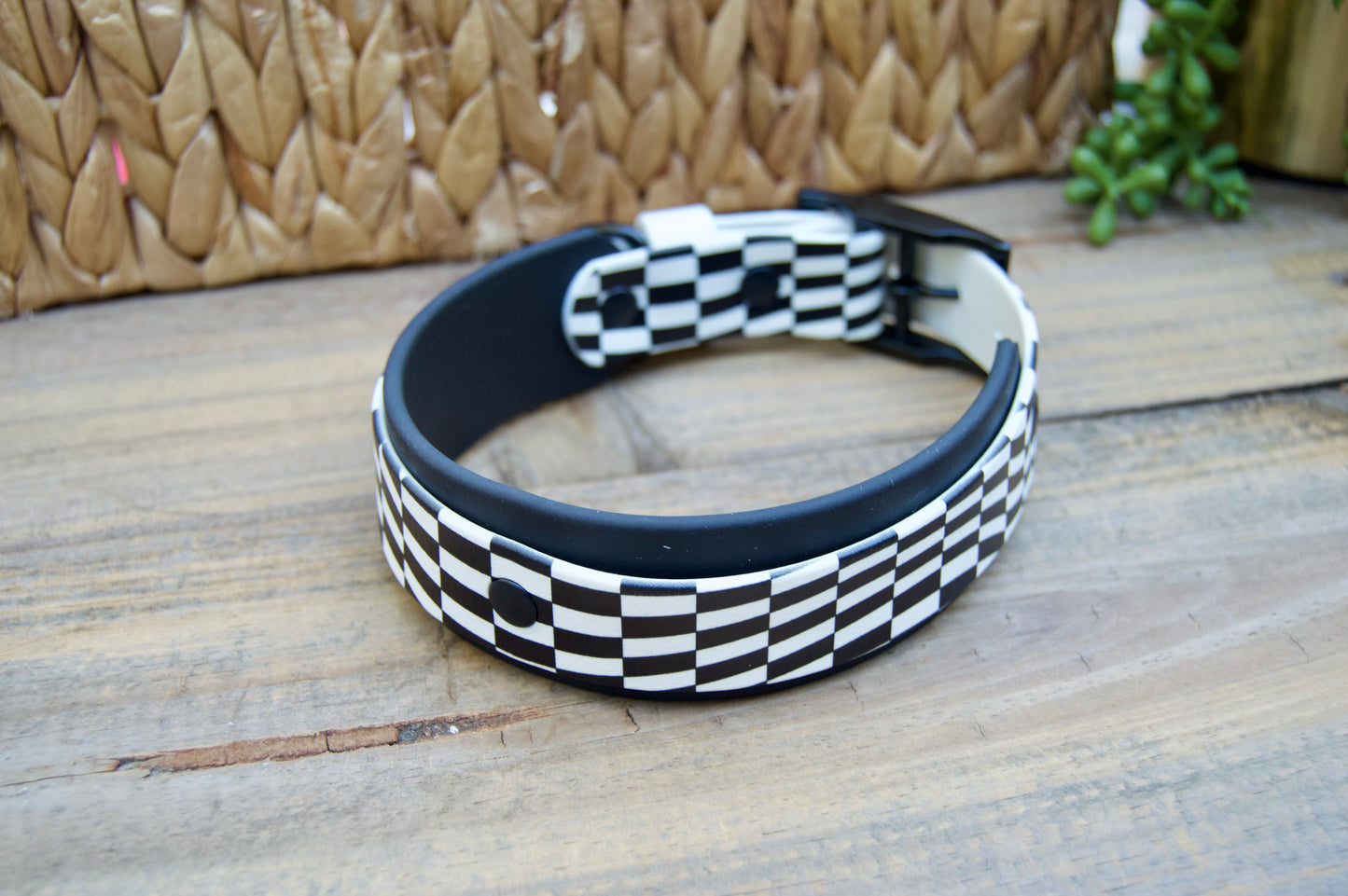 Closeout: Black and White Wavy Checker Printed Double Layer Biothane Dog Collar