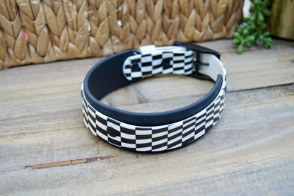 Closeout: Black and White Wavy Checker Printed Double Layer Biothane Dog Collar