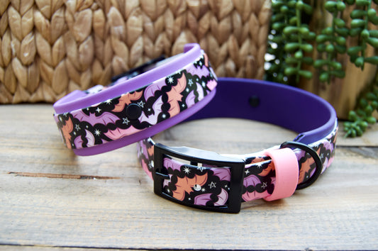 Purple Bats: Printed Double Layer Biothane Dog Collar