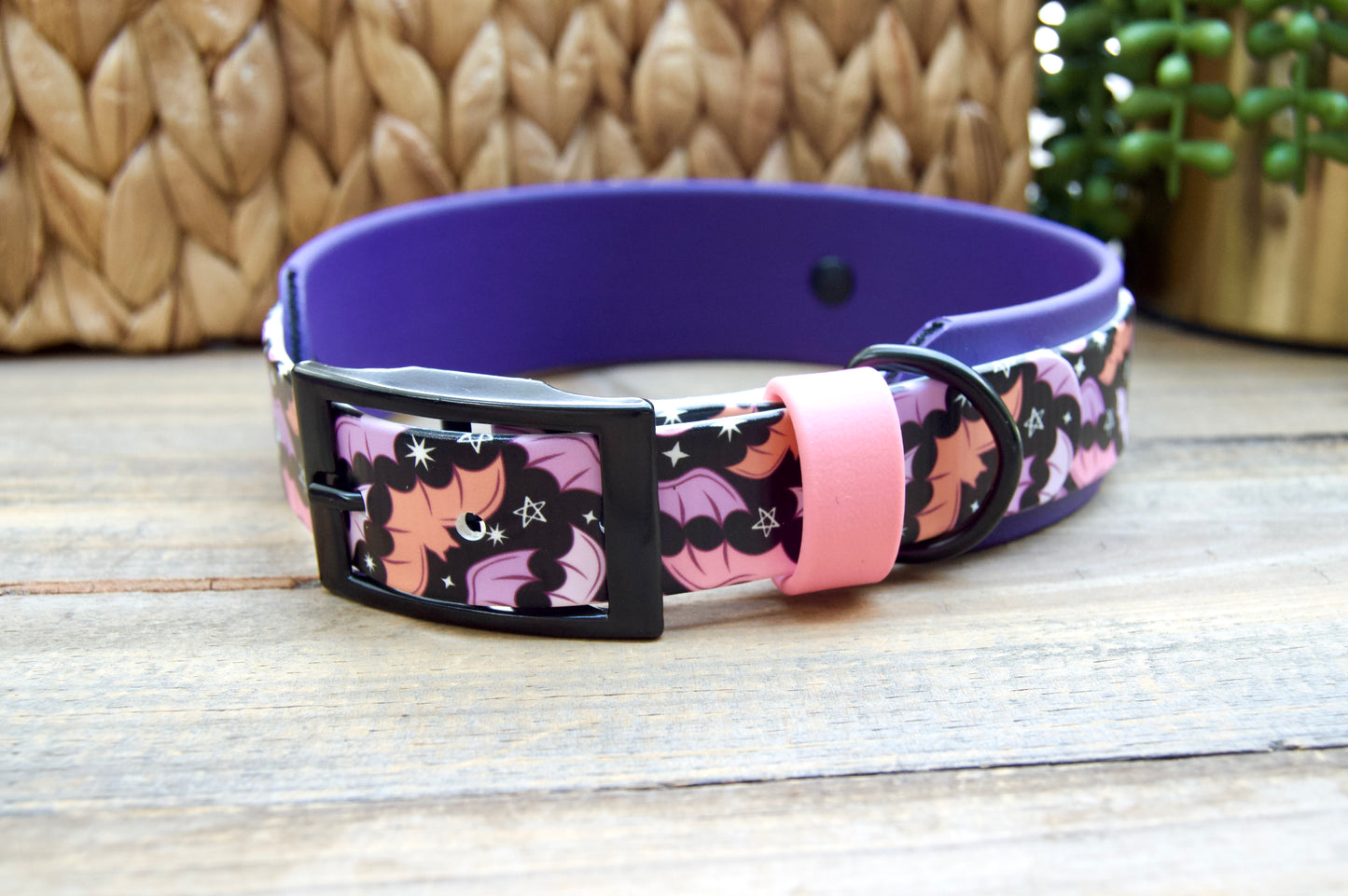 Purple Bats: Printed Double Layer Biothane Dog Collar
