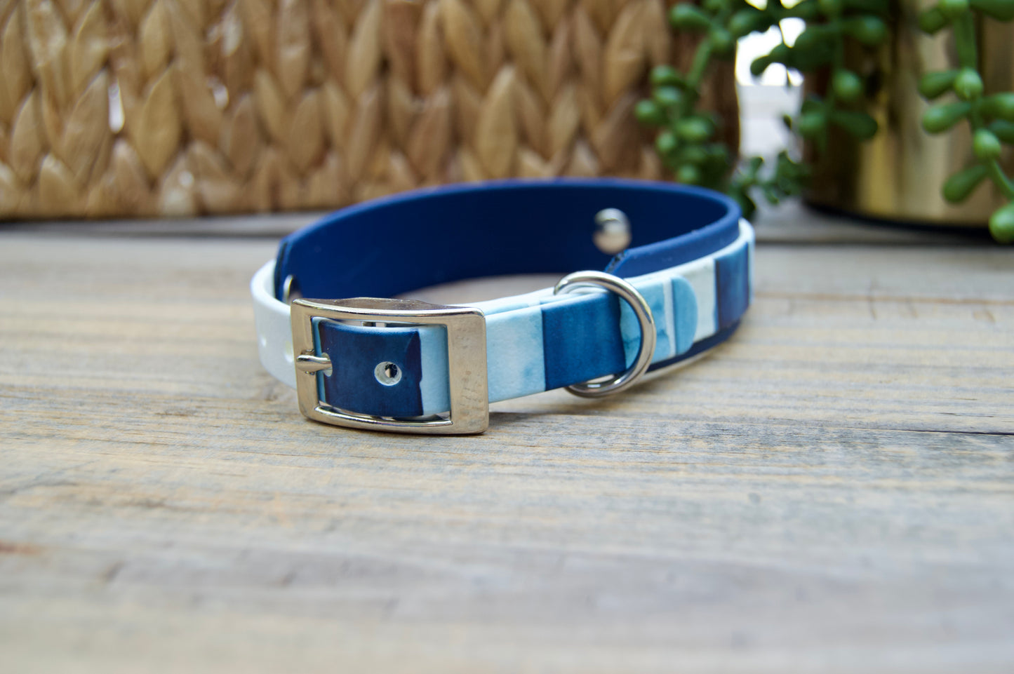 Closeout: Blue Stripes Printed Double Layer Biothane Dog Collar