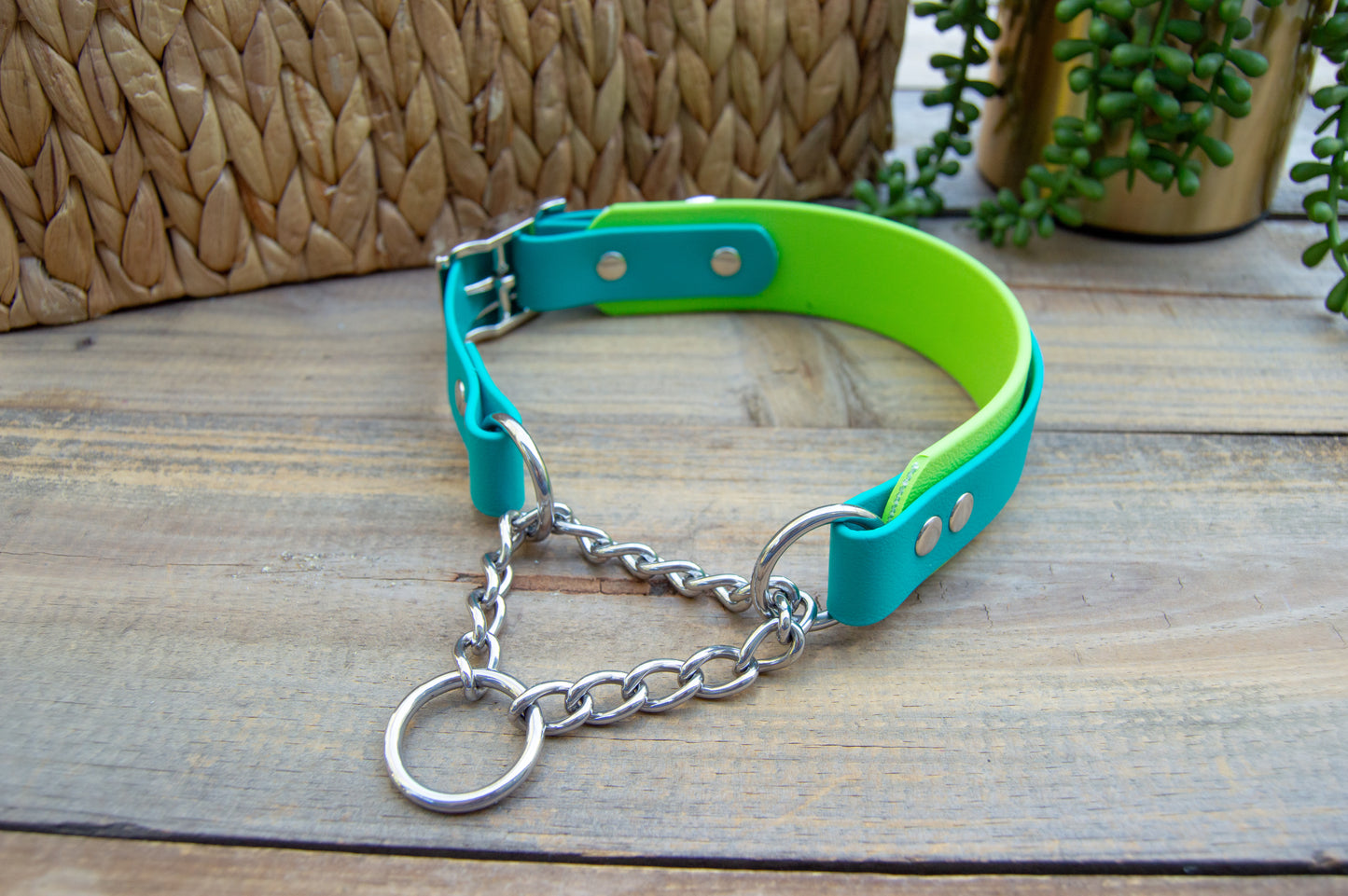 RTS: 18-21 Inches Teal and Lime Adjustable Chain Martingale Biothane Dog Collar