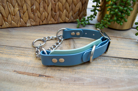 RTS: 13-16 Inches Petrol Blue and Sage Adjustable Chain Martingale Biothane Dog Collar