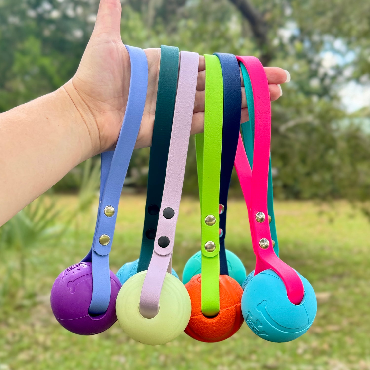 Dog Fetch Ball on handle strap for playing tug