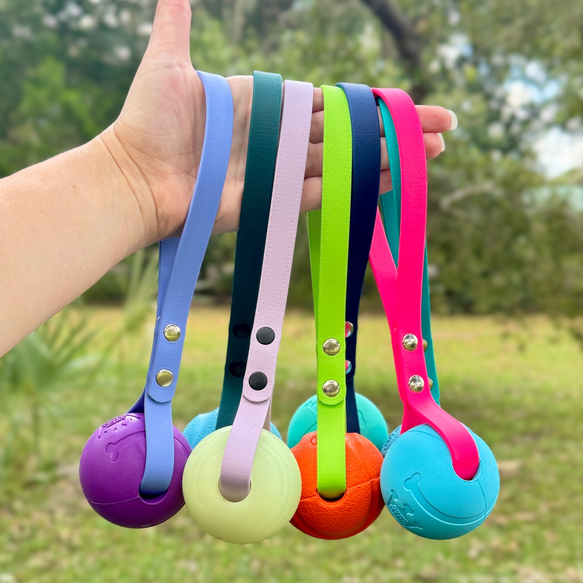 Dog Fetch Ball on handle strap for playing tug