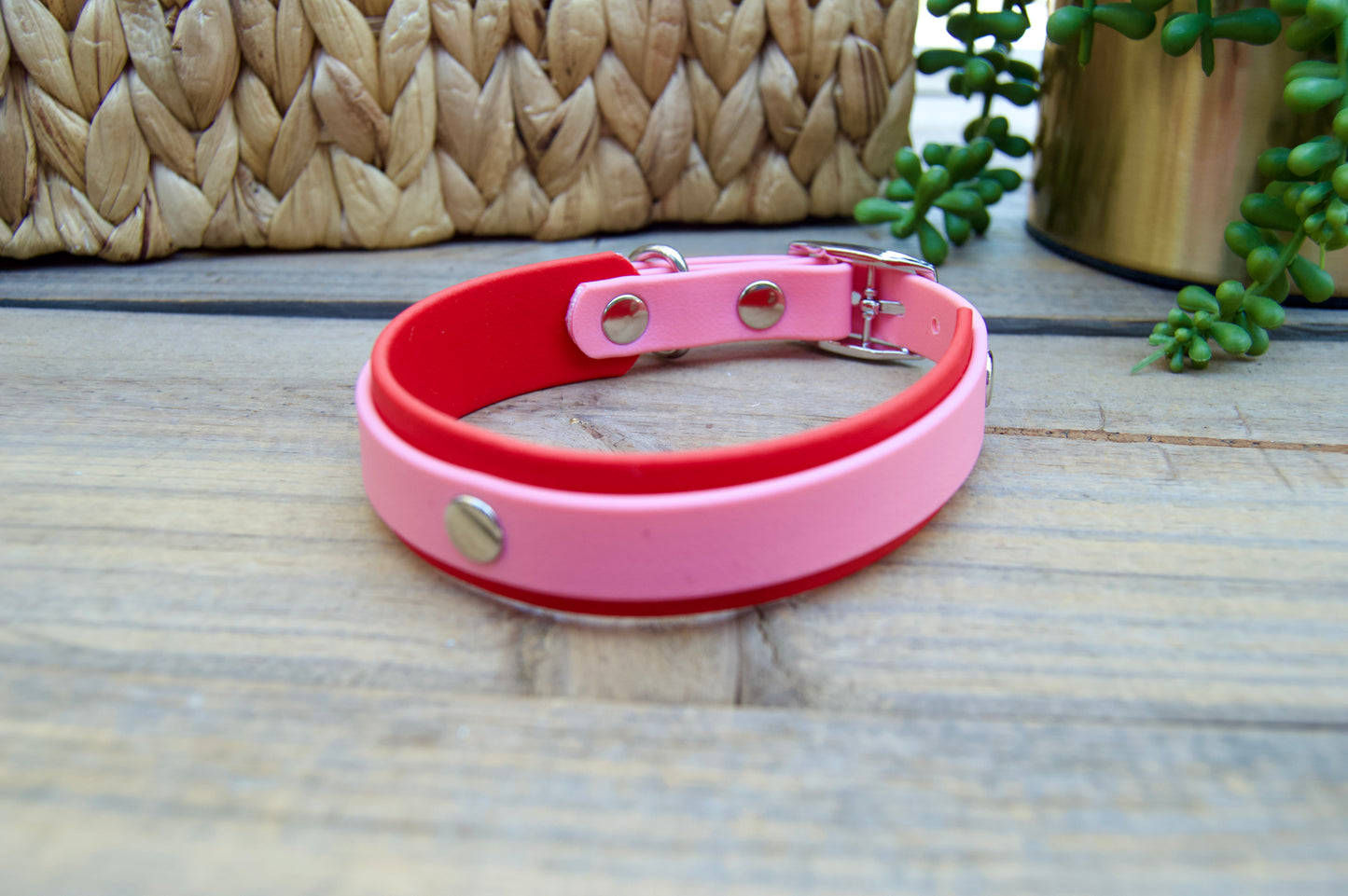 Mini Red and Pastel Pink Valentine's Day Double Layer Biothane Dog Collar