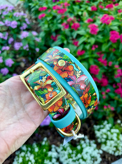 Stained Glass Hibiscus: Printed Double Layer Biothane Dog Collar