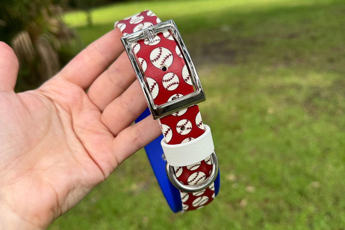 Closeout: Red Baseball Printed Double Layer Biothane Dog Collar