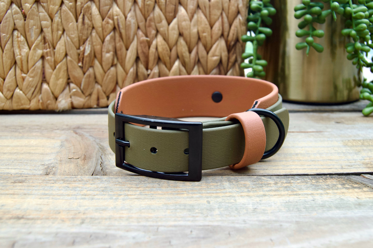 An Olive Green and Caramel biothane dog collar on a wooden surface with a woven basket and plant in the background.