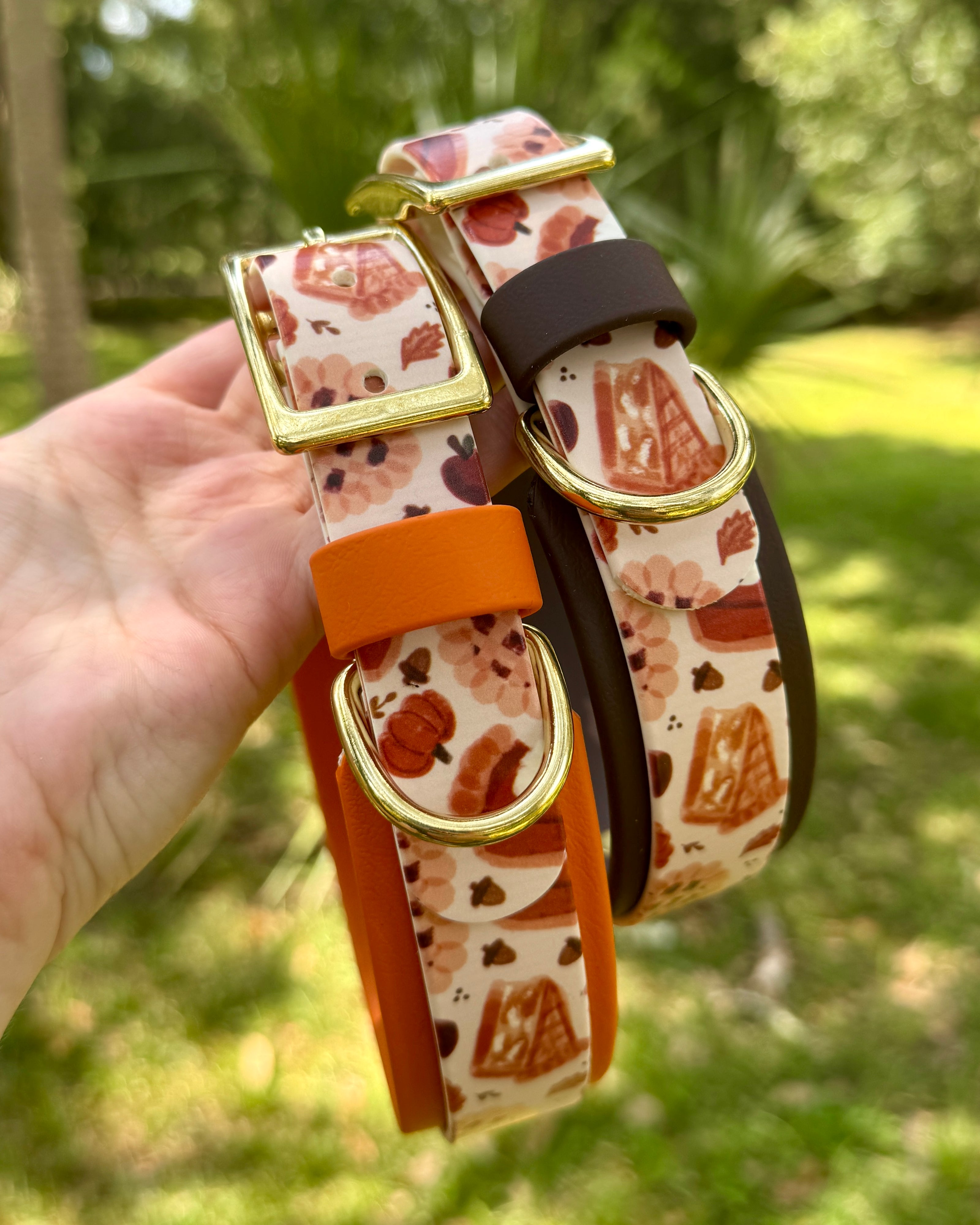 Two biothane dog collars with a red and orange pie pattern held with a blurred green background