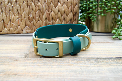 Sage Green and emerald Green Biothane dog collar with gold buckle on a wooden surface