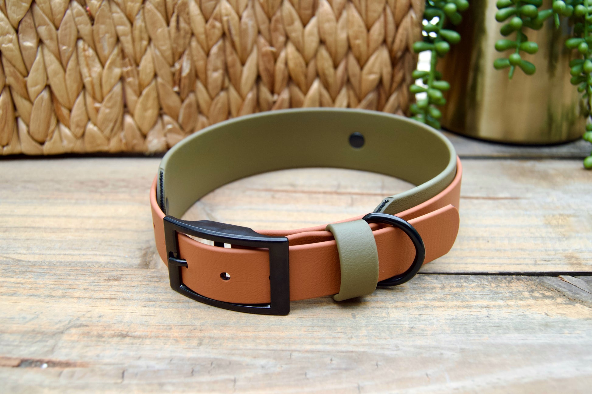 Dog collar with caramel and olive green biothane on a wooden surface