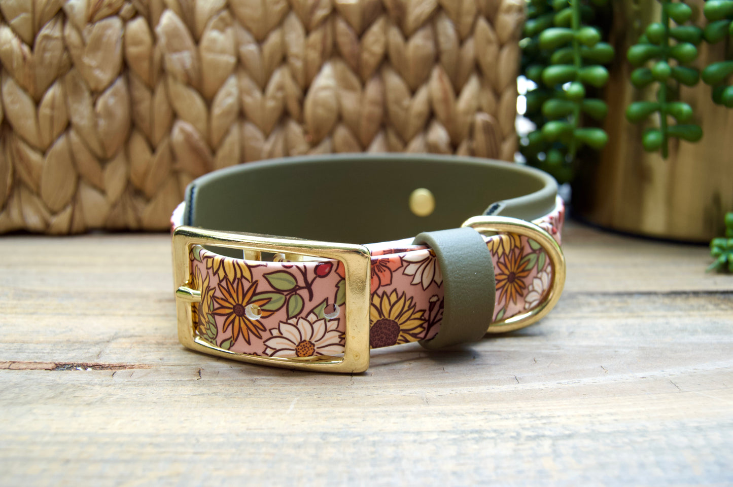 A floral dog collar with a gold buckle and olive green strap, resting on a wooden surface with a woven basket and green plants in the background.