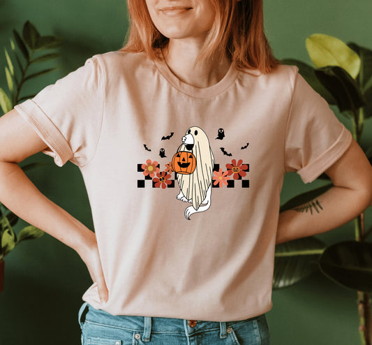 Checkered Ghost Dog Halloween Checkered T-Shirt