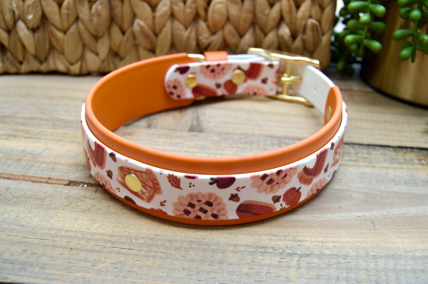 A dog collar with a white base, burnt orange accent, and a pattern of brown and red pies, displayed on a rustic wooden surface.