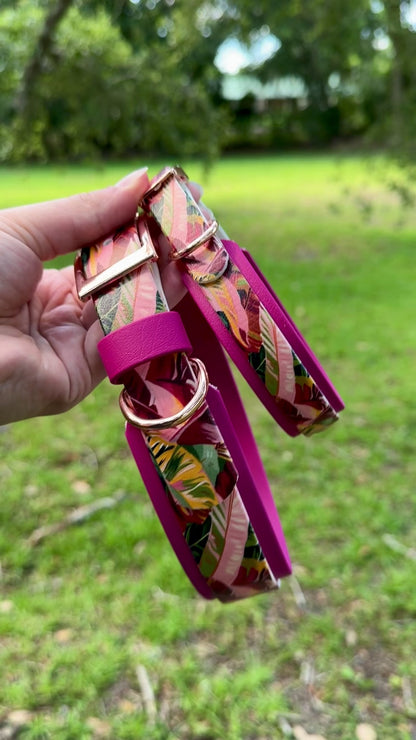 Pink Leaves: Mini Printed Double Layer Biothane Dog Collar