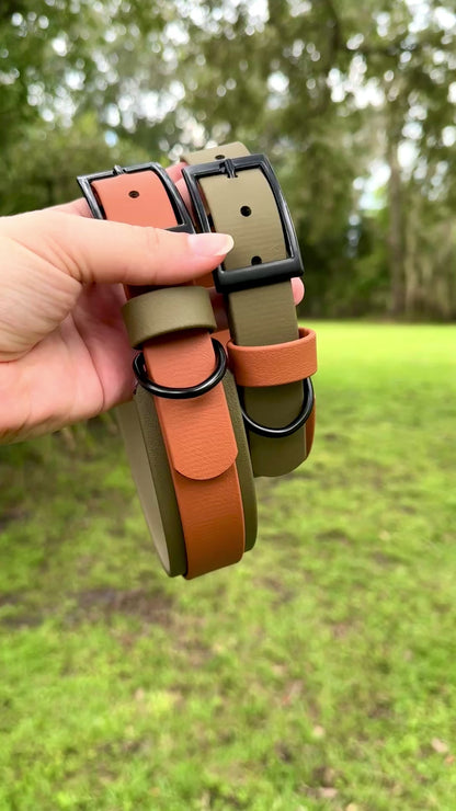 Olive Green and Caramel Double Layer Biothane Dog Collar